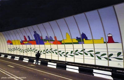 Wirral Composition skyline mural by Ali Barker installed in the Birkenhead Tunnel