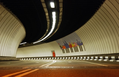 Liverpool Composition skyline mural by Ali Barker installed in the Birkenhead Tunnel